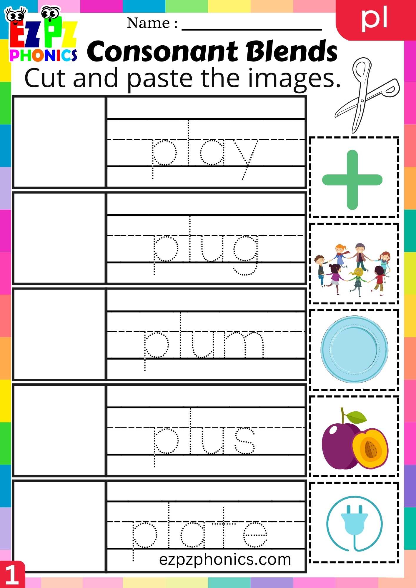 Group1 PL Words Cut And Paste The Images Phonics Consonant Blends Worksheet